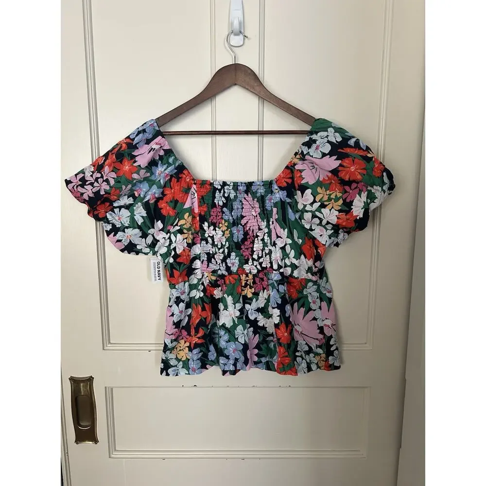 Old Navy Floral Boho Puff Sleeve Blouse Womens Size 2X Blue Pink Peasant NWT